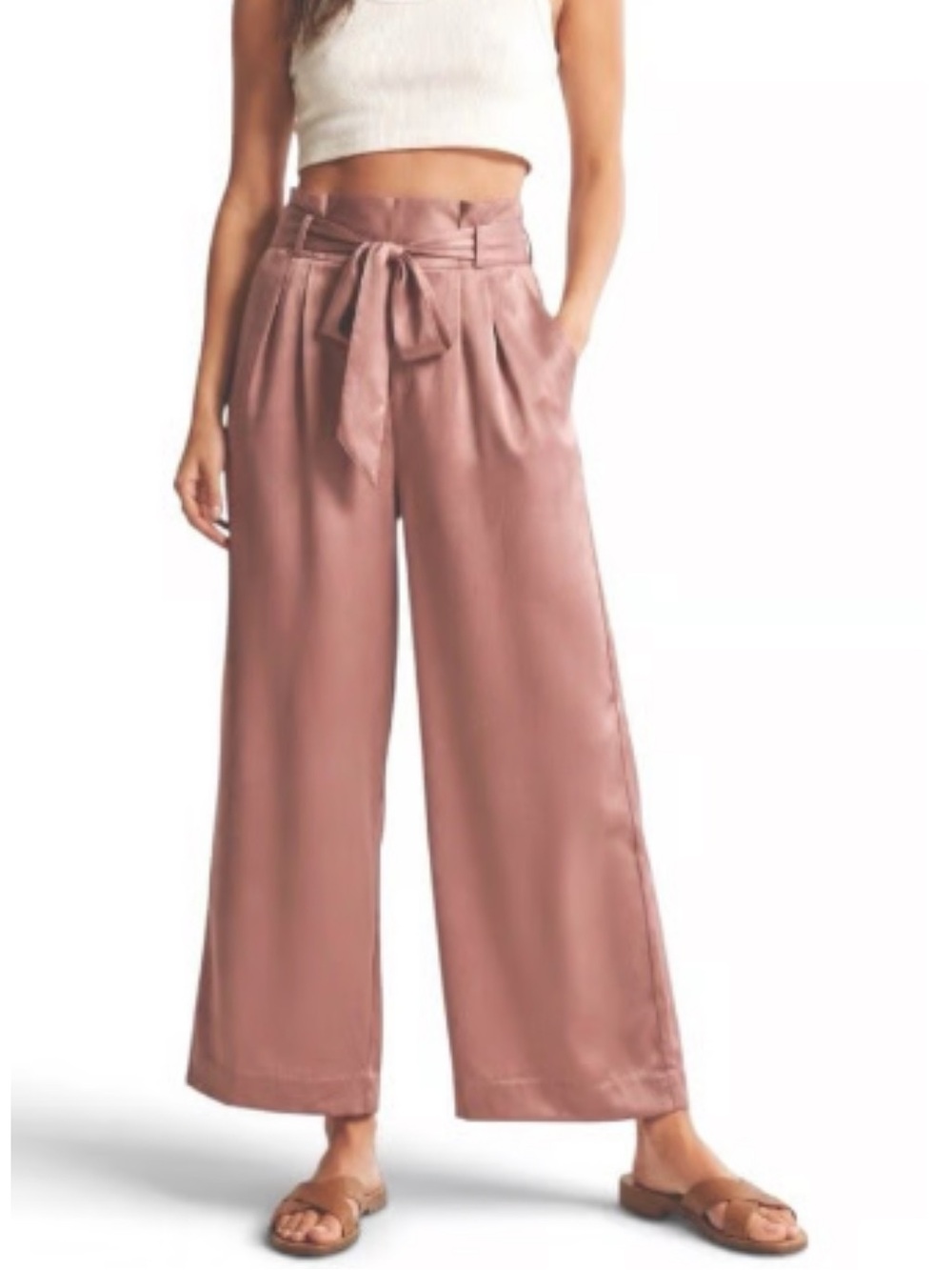 Abercrombie and fitch mauve satin wide leg cropped ankle high rise pant xxs